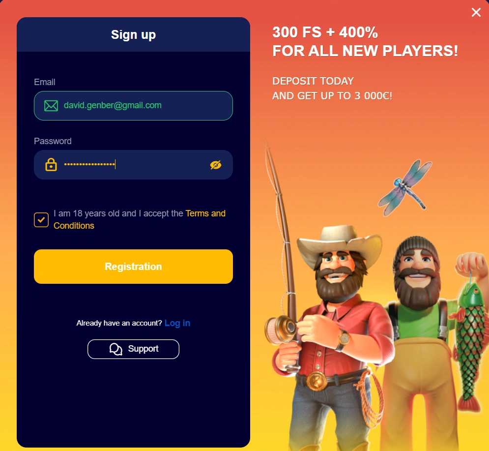 VeryWell Casino login and registration screen
